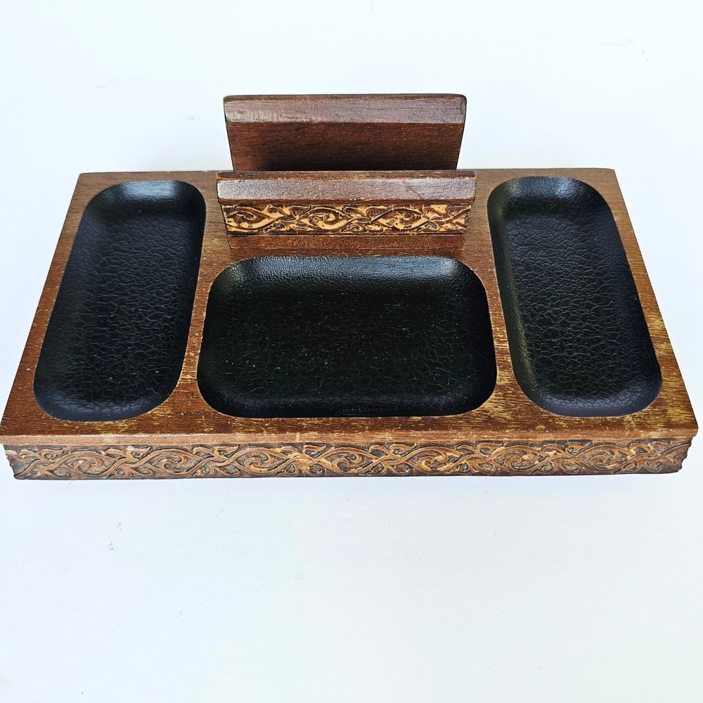 Vintage Swank Wood Valet Tray Carved Scrollwork Desk Organizer Japan MCM